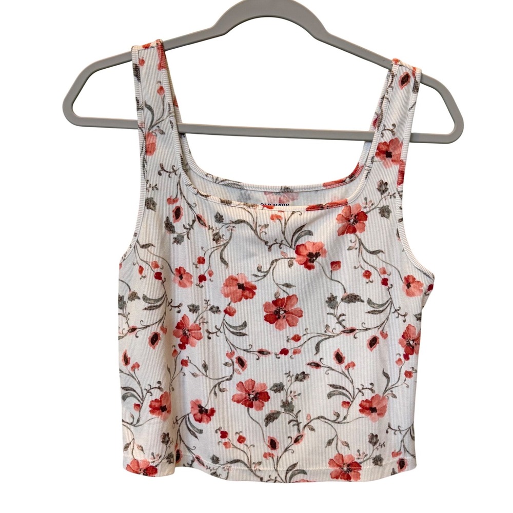 Old Navy Womens XL Floral Ribbed Tank Top Square Neck White Pink Sleeveless Crop
